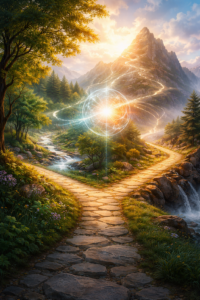 Structure énergétique et libre arbitre : chemins symboliques représentant les choix possibles face aux cycles énergétiques