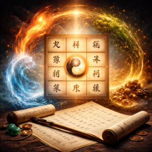 Maître du Jour en BaZi : illustration symbolique d’une structure énergétique et des interactions des cinq éléments.