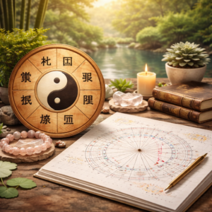 Analyse croisée BaZi et astrologie occidentale avec thème astrologique et support énergétique dans un environnement zen