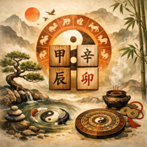 Illustration de l’astrologie BaZi avec les quatre piliers, symbole yin-yang et zodiaque chinois dans un paysage asiatique apaisant.