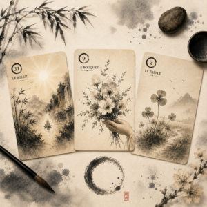 Illustration zen inspirée du Petit Lenormand avec les cartes du Soleil, du Bouquet et du Trèfle dans une ambiance sumi-e asiatique.