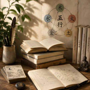 Livres et supports pédagogiques autour du BaZi, de l’astrologie et du Lenormand dans une ambiance zen asiatique