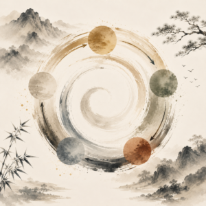 Illustration minimaliste inspirée du BaZi représentant des cycles énergétiques circulaires dans une ambiance zen asiatique en encre et aquarelle.