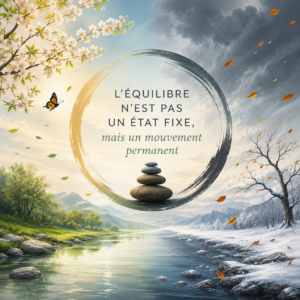Équilibre énergétique et adaptation aux cycles du vivant représentés par les saisons et un paysage en mouvement.