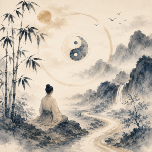 Illustration aquarelle représentant une personne contemplant un paysage inspiré de la tradition chinoise avec un symbole Yin-Yang, évoquant la compréhension de son fonctionnement et des dynamiques de vie.