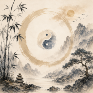 Illustration aquarelle inspirée de la peinture traditionnelle chinoise représentant un paysage de montagnes, un symbole Yin-Yang, des bambous et un cours d'eau, évoquant les cycles du vivant et l'univers de la collection Harmonie Céleste.