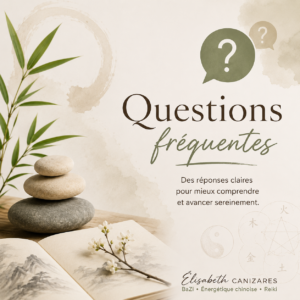 Illustration représentant les questions fréquentes sur les consultations, les formations, les livres et les approches proposées par Élisabeth Canizares.