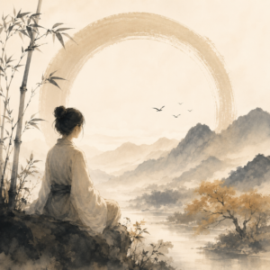 Illustration représentant une personne observant un paysage de montagne, symbole de l'observation avant l'interprétation dans l'approche du Lenormand.