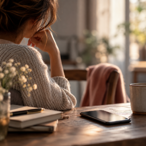 Une femme pensive devant un téléphone posé sur une table, évoquant le silence, l'attente et l'incertitude dans les relations humaines.